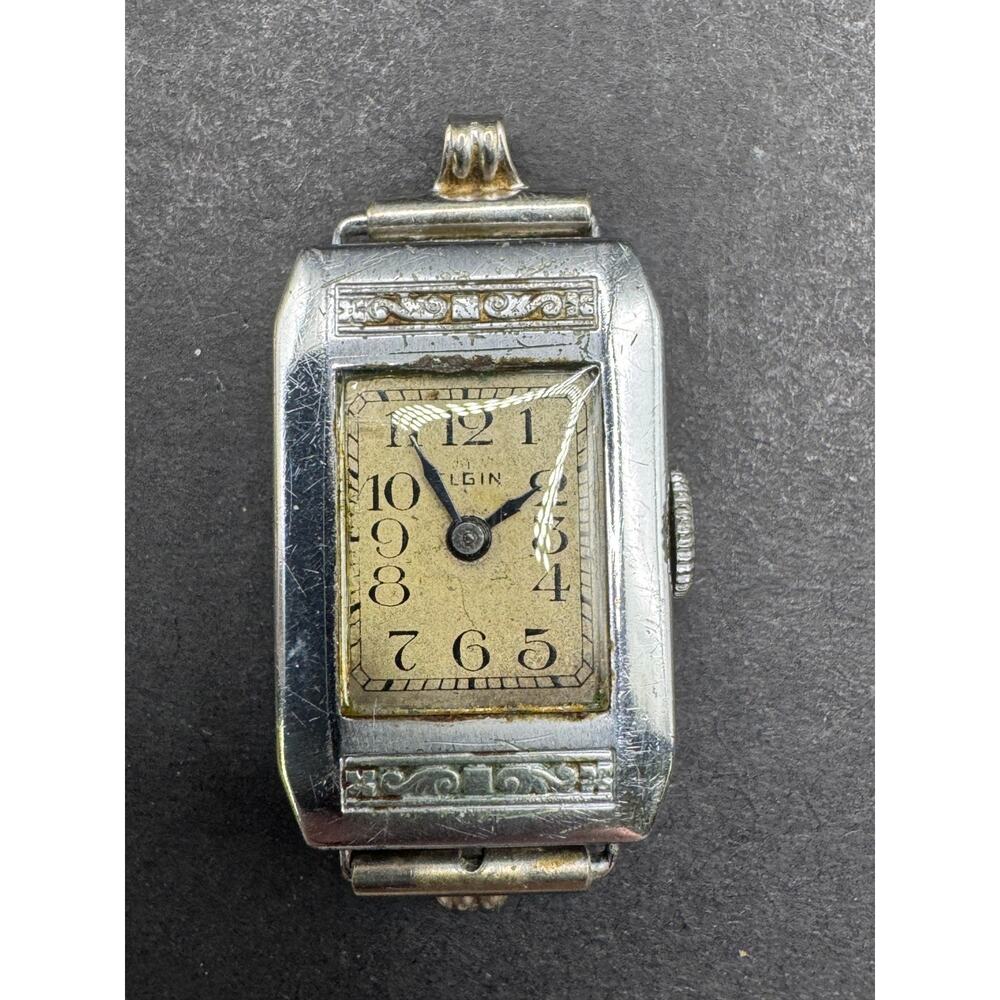 Vintage Elgin Ladies Mechanical Silver Tone Case Tank Watch 17mm No Band
